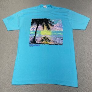 Vintage Cancun Shirt Mens Large Blue Pastel Sunset Art Palm Tree Beach Mexico